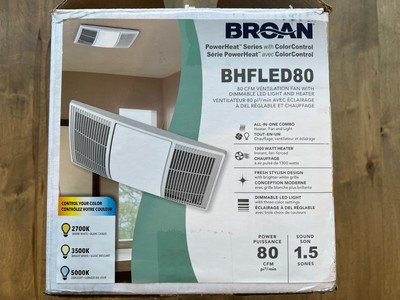 Broan BHFLED80 PowerHeat 80 CFM 1.5 Sones Heater Exhaust Fan with CCT LED  Lights 26715265497 | eBay