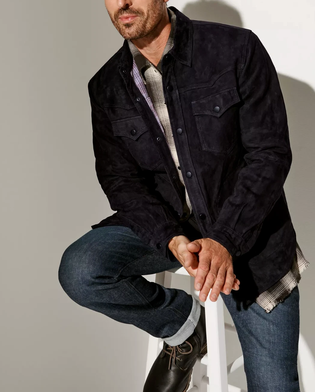 Men's Stylish Navy Blue Suede Shirt 100% Pure Sheepskin Slim Fit Casual Shirt
