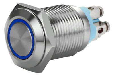 3/4'' Silver Momentary Stainless Steel Switch w/ Blue Halo Push Button 19mm 12V