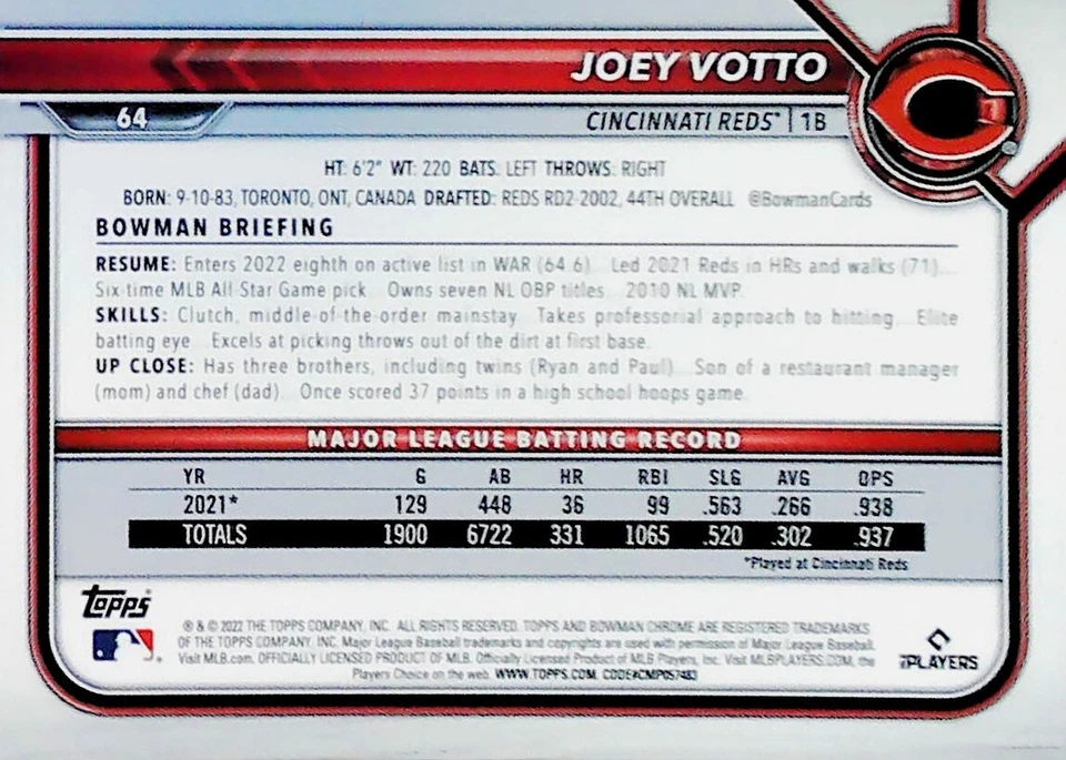 2022 BOWMAN CHROME SAPPHIRE EDITION #64 JOEY VOTTO CINCINNATI REDS - Image 2 of 2