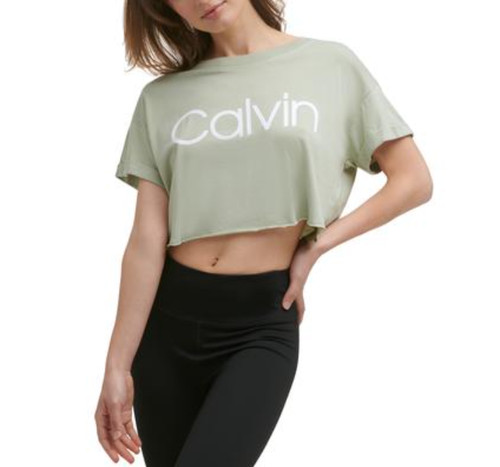 NWT Calvin Klein Womens Large Performance Cropped Raw Hem Logo T Shirt Top $39
