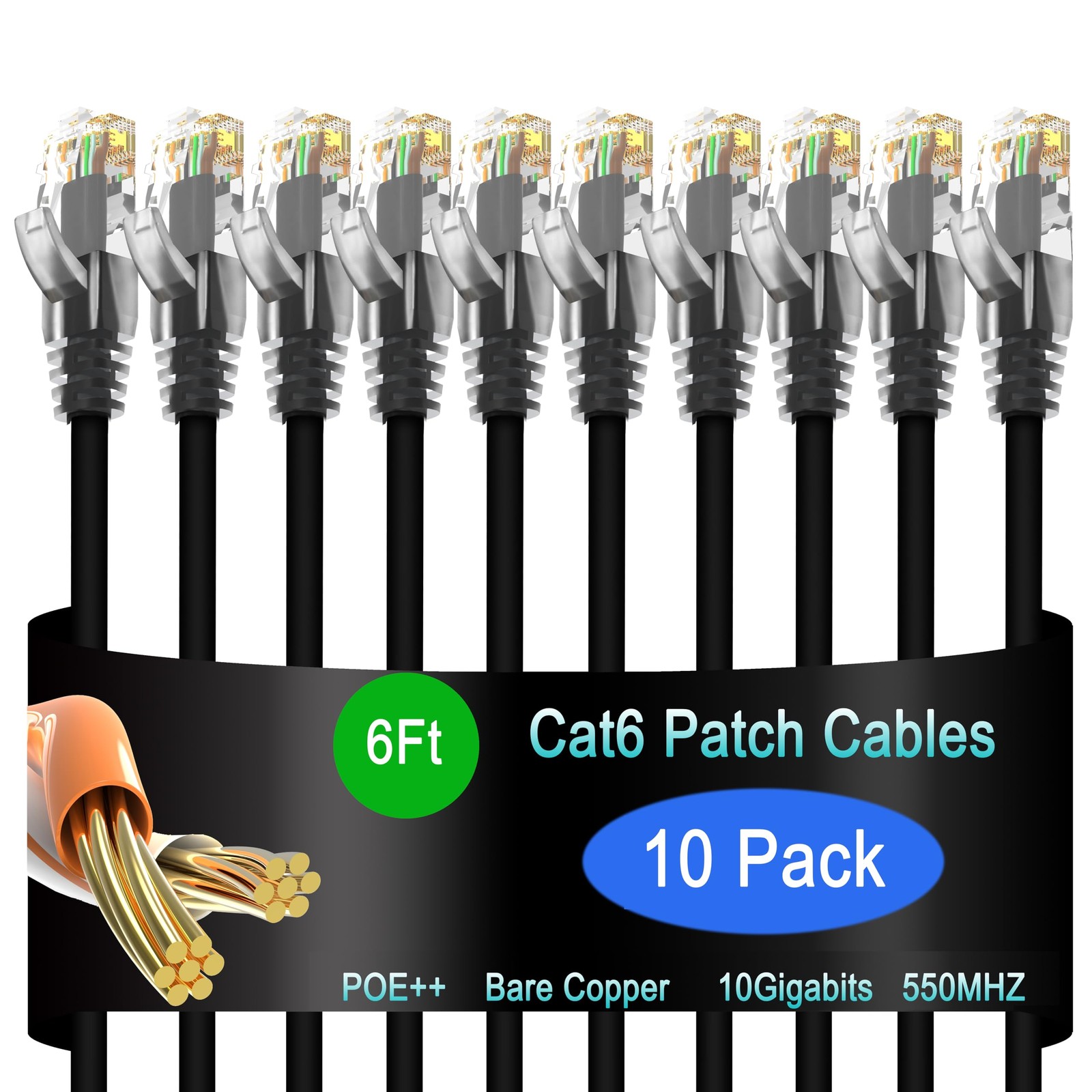 6 ft Cat6 Ethernet Cable 10-Pack for Data Centers & Networking