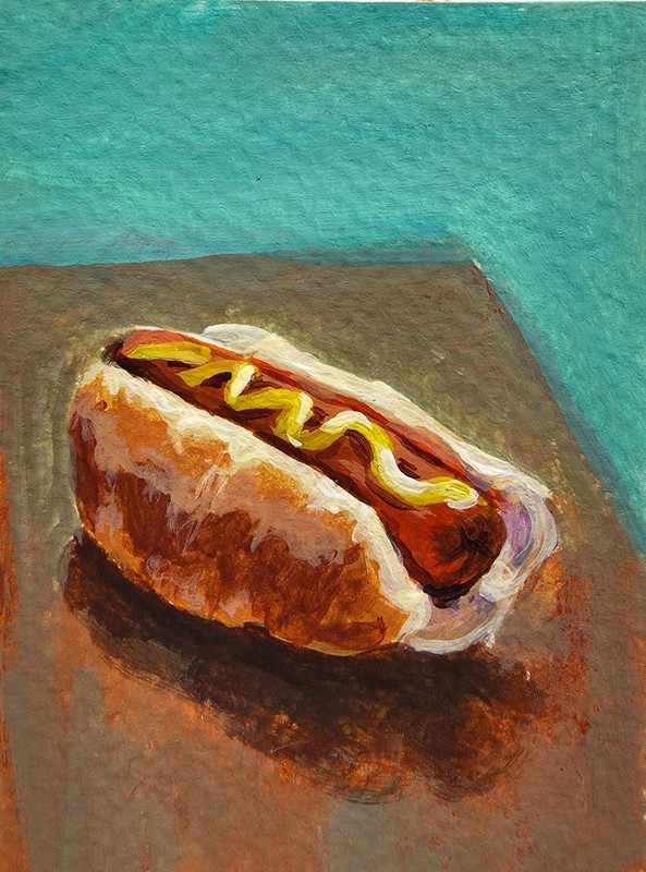 Aceo original art painting of a hotdog, 2.5 in x 3.5in, Aceos painting