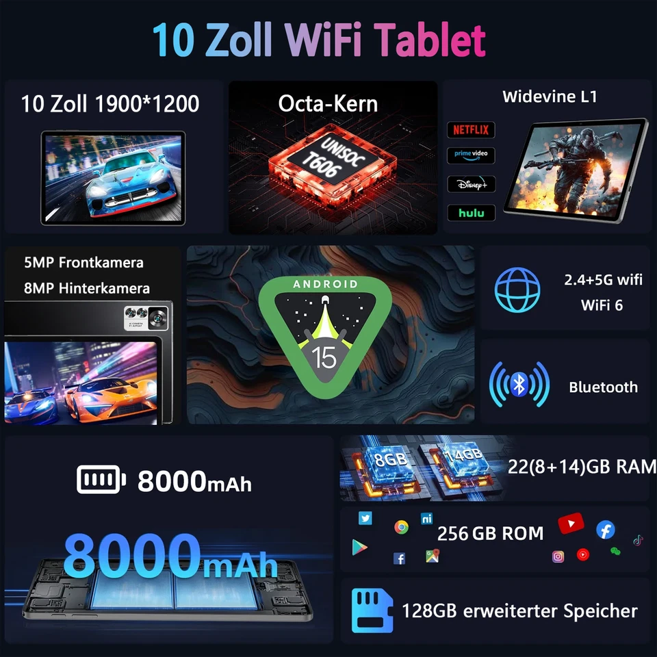 2025 Neu Tablet Android 15 22GB RAM+256GB 8000mAh 10 Zoll 5MP+8MP UNISOC T606 - Bild 2 von 4