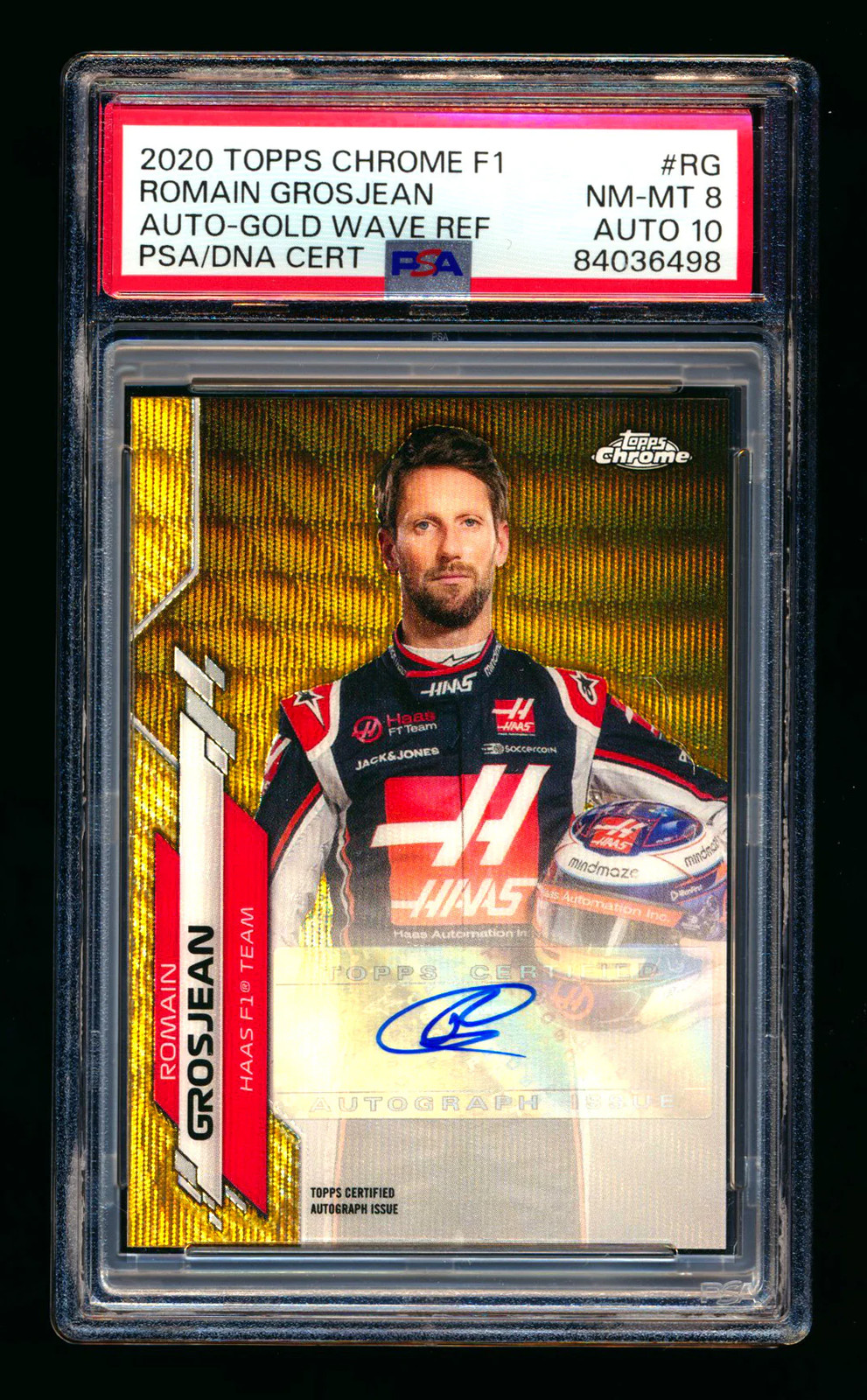 2020 Topps Chrome F1 Romain Grosjean RC Gold Wave Refractor #01/50 PSA 8 Auto 10