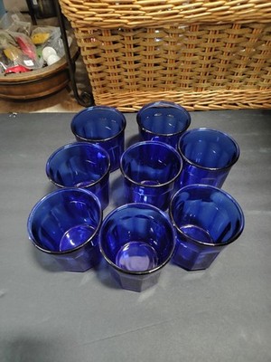 Set of 8 Vintage Luminarc Cobalt Blue 500ml 10 Panel Glasses, Made in France