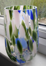 Large Confetti Glass Hurricane Vase Lantern blue green white NEW HAND BLOWN