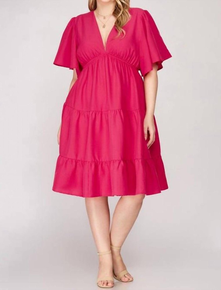 She + Sky Fuchsia Plunge Dress Fuchsia