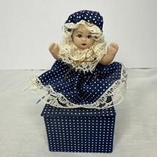 Vinitage Miniature 3" Bisque Doll Polka Dot Blue Dress White Dots With Box