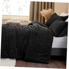 Fluffy Comforter King Set - Furry Leaves Pattern Faux Fur King 102"x90" Black