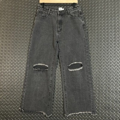 Princess Polly Gray Faded Distressed Knees Raw Hem Wide Leg Jeans Women's Size 8