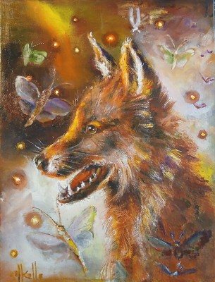 Fox Original Oil Painting Butterflies Fireflies Fairy Fantasy Animals 12''×9''