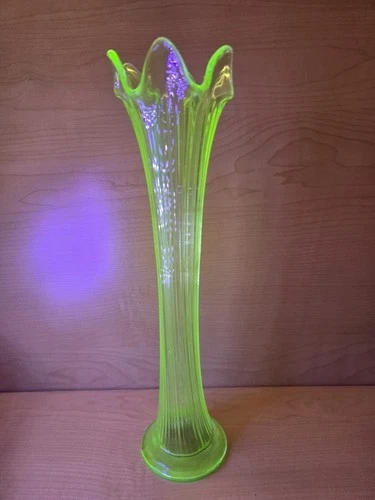 Vintage Fenton Uranium Glass Swung Vase Featuring a Ribbed Design