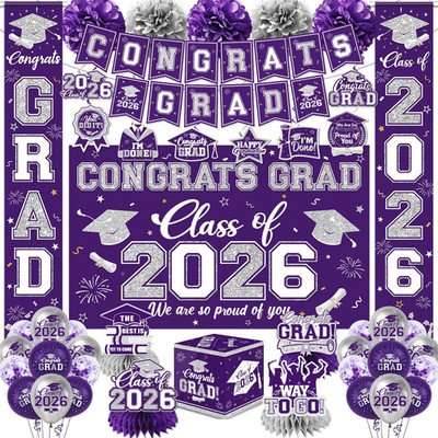 Purple and Silver Graduation Decorations 2026 Set, All-In-1 Kit with Congrats Gr
