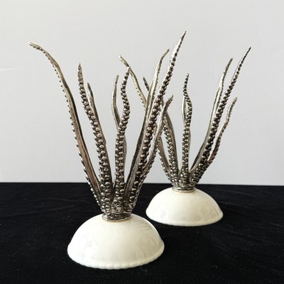 Pair of Octopus Tentacle Candle Holders Silver Tone White Ceramic Sculptural 9''