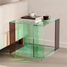 Green-tinted Acrylic End Side Table Vinyl Record Player Stand with Open Storage