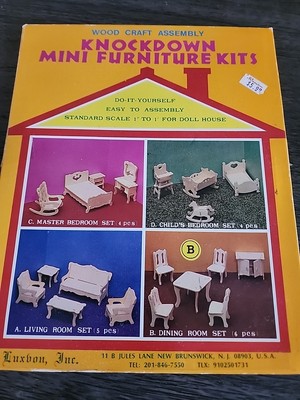 Knockdown Mini Furniture Kit 6pc Dining Room Set Wood Craft DIY 1'' Scale 