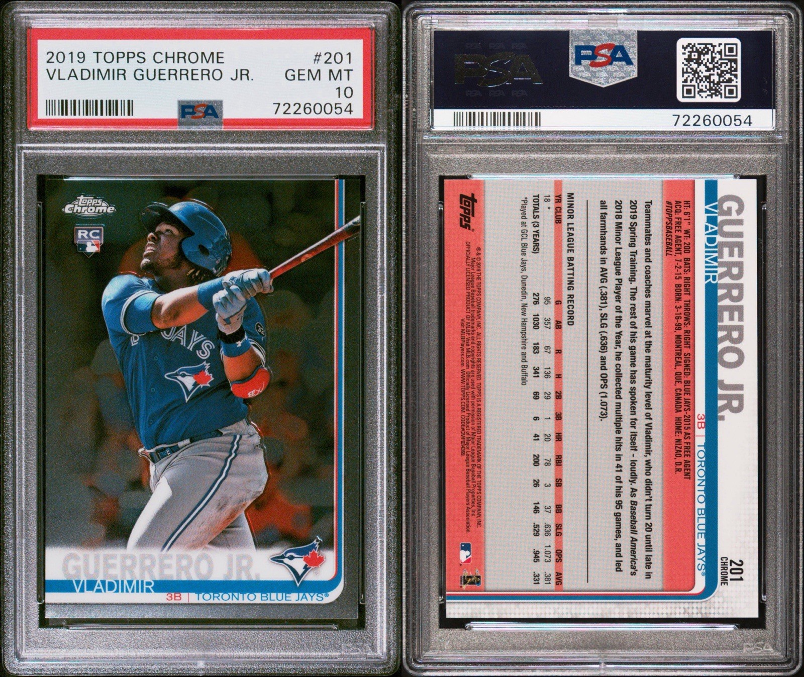 2019 Topps Chrome Vladimir Guerrero Jr. RC Rookie #201 Blue Jays PSA 10 GEM MINT view 3