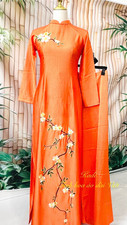 Vietnamese Traditional Long Dress- Orange Embroidery Ao Dai Set With Pants