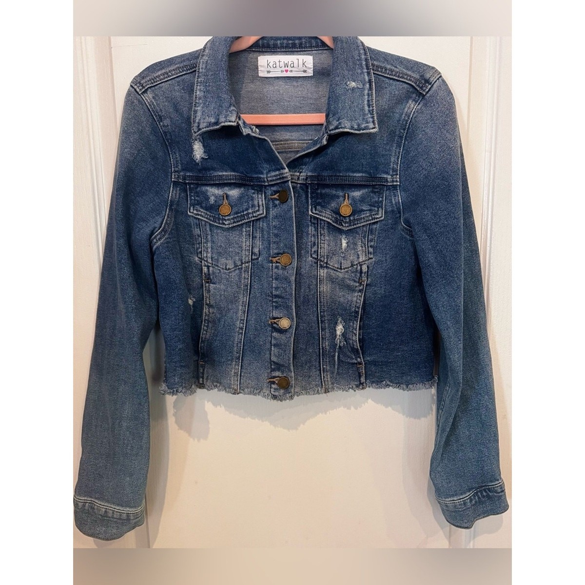 JUST BLACK DENIM KATWALK Cropped Distressed Denim Jacket Raw Hem M View 3