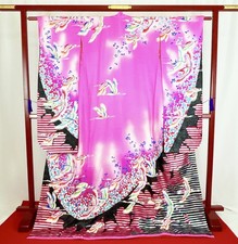 Japanese Kimono 'UCHIKAKE' Silk/Pink/Crane/Flower/Hikizuri Furisode/Luxury N859