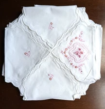 Bread Rolls Basket  Liner White Cotton  w/ Pink Floral Embroidery 12 Ct Damaged