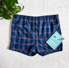 Vintage 70s 80s Blue Plaid Short Swim Trunks California USA Made XL