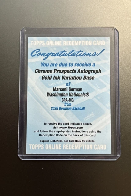 2026 Bowman Chrome Marconi German Gold Ink Auto /15 Variation Redemption Card