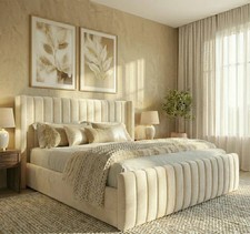 Winged Upholstered Bed Frame Plush Velvet and Naples Fabric Double & King Size