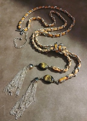 WHBM White House/Black Market Tiger's Eye w/Mustard Ribbon Tassel Chain Necklace