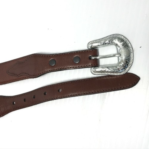 Girls Belt Brown Medium Leather Cowgirl Western Silver Floral Buckle Resistol - Picture 8 of 11