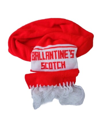 VTG Ballantines Scotch Whisky Promo Neon Reddish & White Fringed Knit Scarf