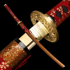 US Stock Handmade Katana Gold Blade Japanese Samurai Sword Red Handed Very Sharp