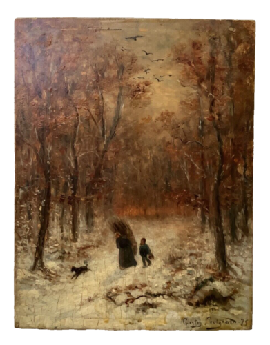 19th Century Forest Walk in the Woods Snow Landscape C1874 French Oil Painting - Picture 1 of 14