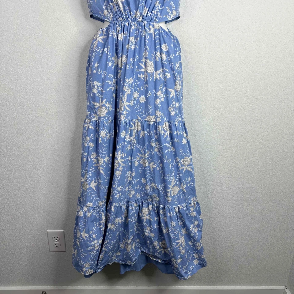 Vestido Wayf para mujer azul medio floral recorte en capas manga abullonada Cottagecore Maxi Foto 4 de 4