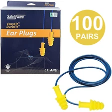100 Pair Reusable Corded Ear Plugs Noise Reduction Cancelling Work Sleeping Bulk