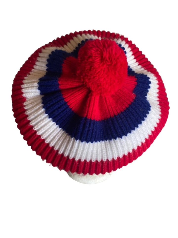 Vintage 1970's Red White Blue Knit Pom Pom Beret One Size - Image 2 of 4