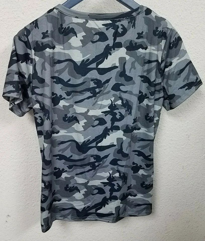 Sexy Camisa Para Mujer Manga Corta Camuflaje Con Cordones Informal Hueca Con Cordones,Gris,XL Foto 2 de 4