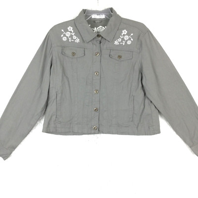 Keren Hart Womens Jacket Crop Lightweight Embroidered Floral Gray Button Up XL