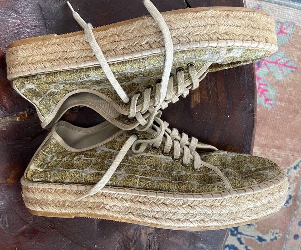 Green beige Cotelac artsy opart silk &raffia shoes +Anthropologie mag. 8.5 - Image 4 of 4