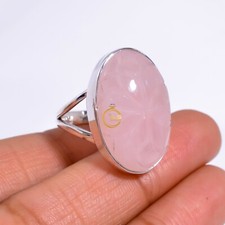 Carving Natural Rose Quartz Ring Pink Stone 925 Sterling Silver Statement Rings