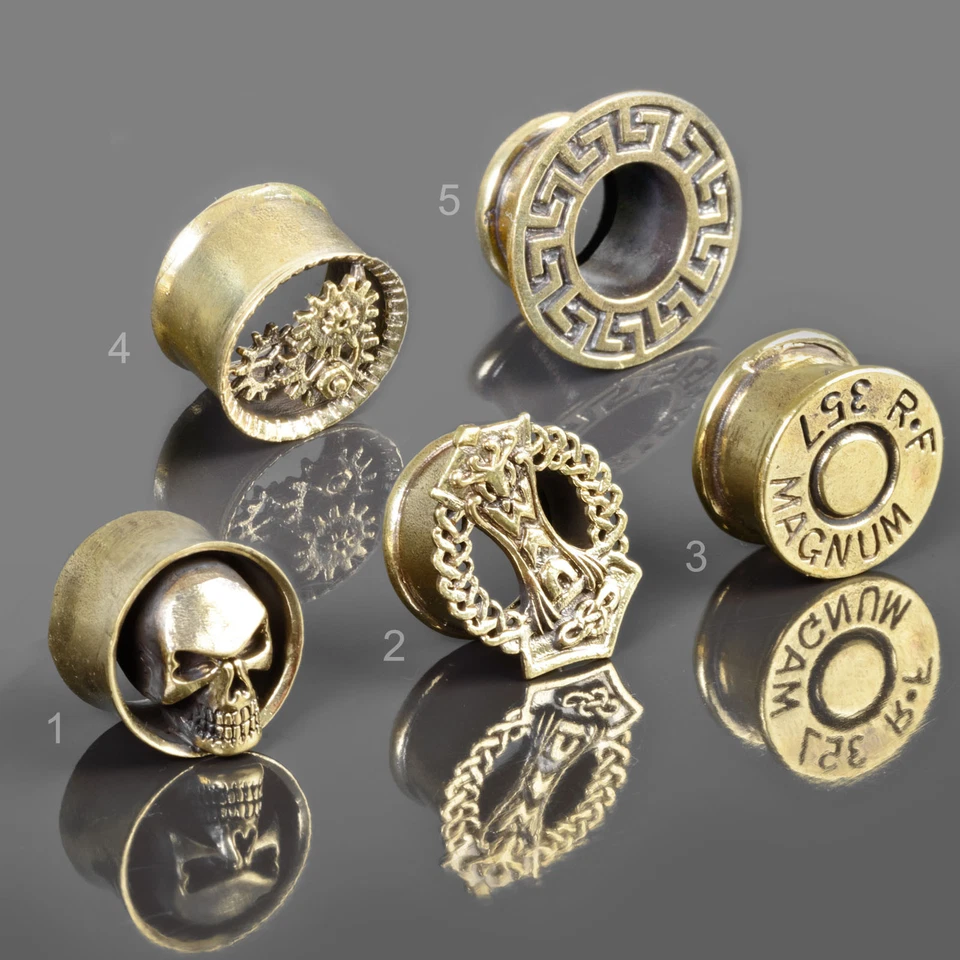 Vintage Flesh Tunnel Plug Messing Antik Look Biker Thorshammer Getriebe Z468 - Bild 2 von 2