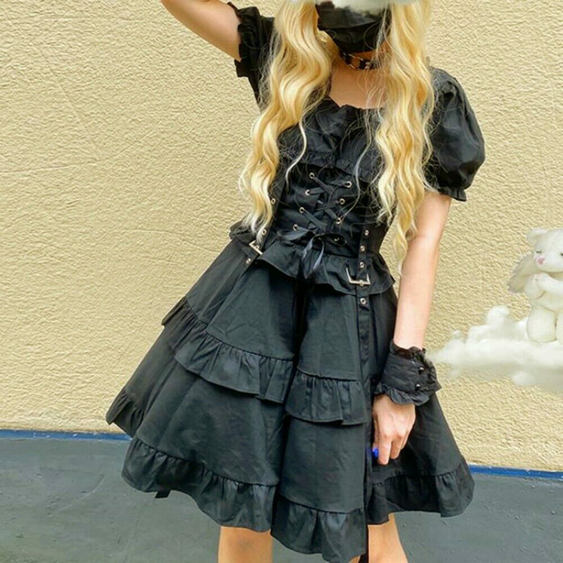 Lady Lolita Dress Girls Ruffle Lace Up Retro Puff Sleeve Cosplay ...