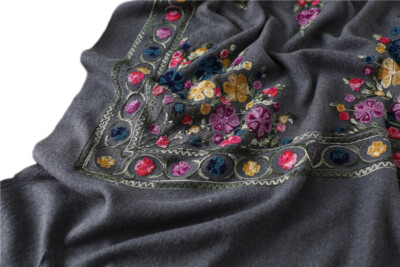 Grand Châle Brodé Gris En Cachemire - Pashmina 200x70cm Foulard Étole Léger