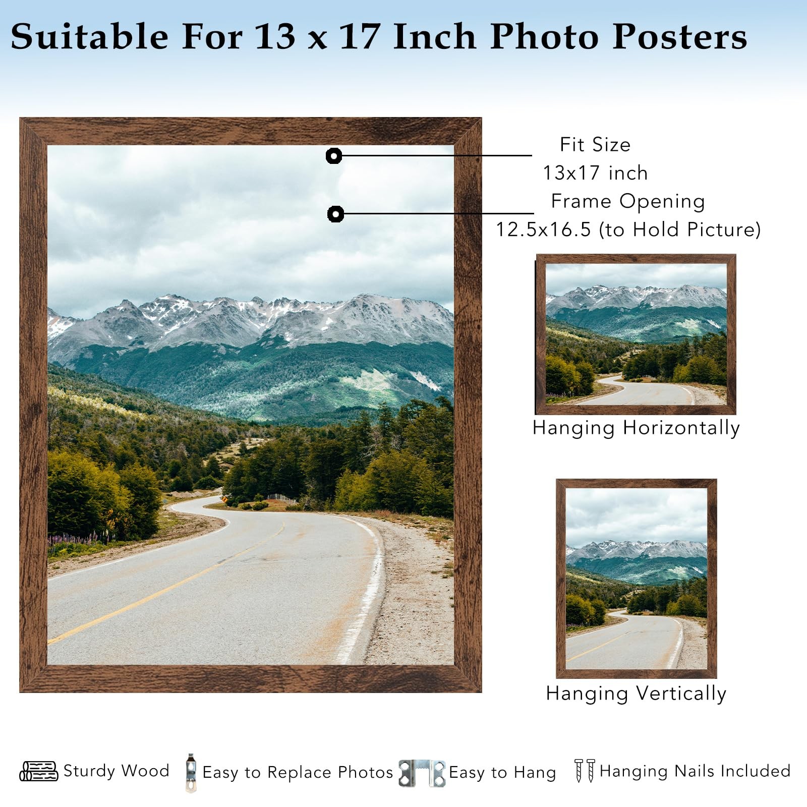 QOTIB 13x17 Picture Frame Deep Brown for Wall Hanging, Wood 13 x 17 Frame Pho...