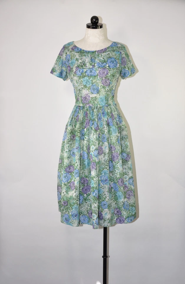 60s Vintage Leslie Fay Green Floral Short Sleeve Fit And Flare Day Dress Women M - Image 4 of 4