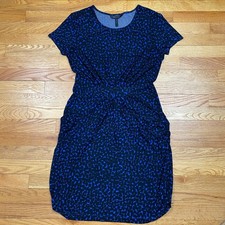 BCBGMAXAZRIA Cicely Dress Women L Blue Black Abstract Ruched Jersey Knit Chic