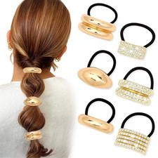 6Pcs Gold Metal Hair Ties for Women Gold Ponytail Holders Rhinestones Hair Ties