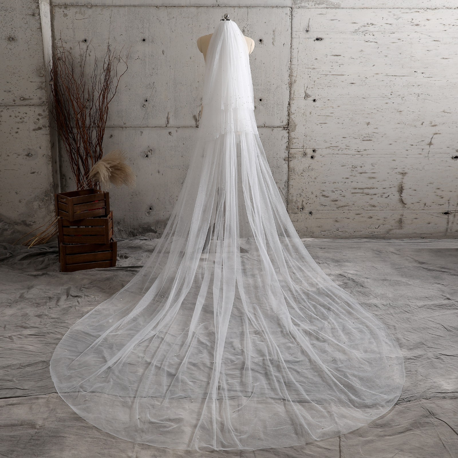 Shining Tulle with Pearls Long Wedding Veil Cathedral Veil Romantic Veil