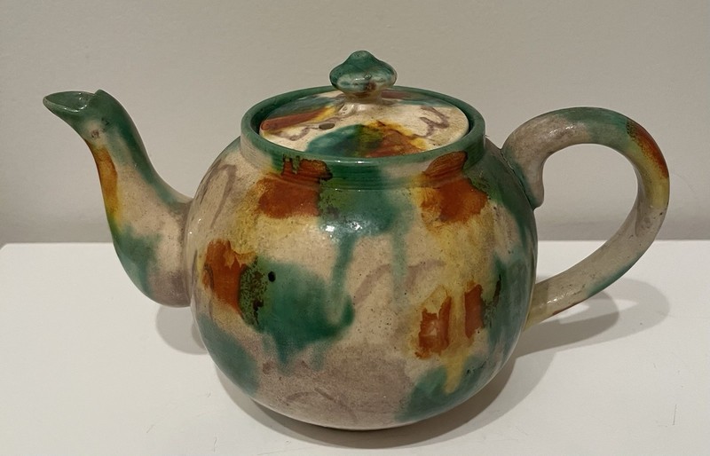 Vintage Green Orange Mottled Glazed Teapot